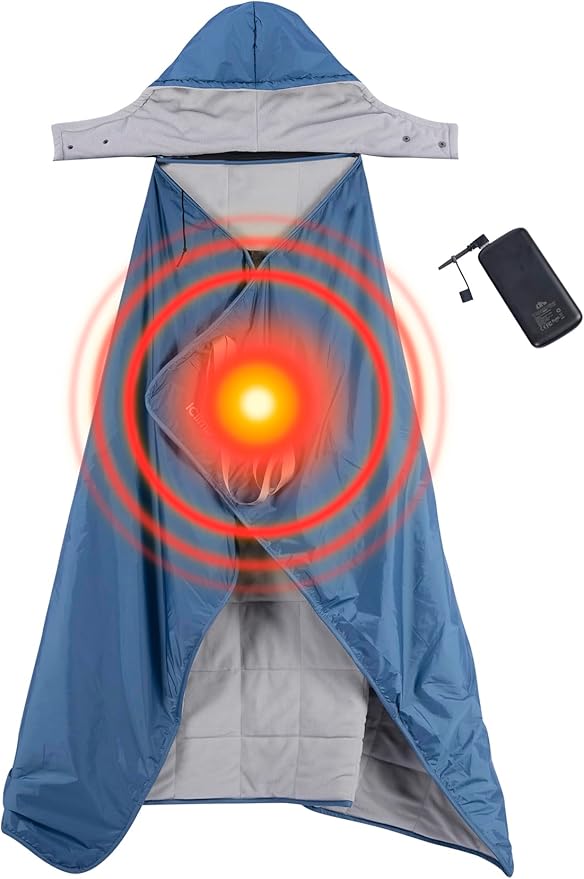 iClimb Heated Waterproof Camping Stadium Blanket with Hood and 5V 10000mAh Battery Pack All Season Outdoor Indoor (Blue)