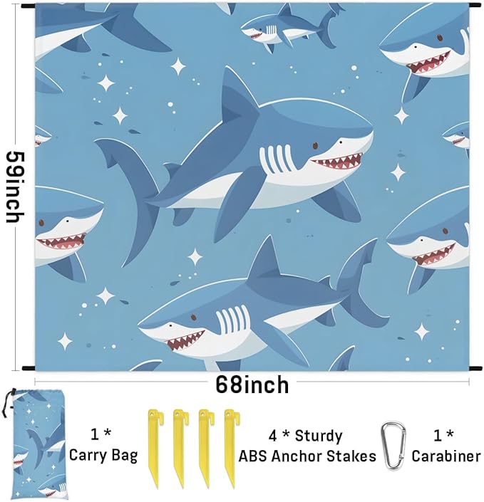 Waterproof Sandproof Beach Blanket 59''×68'' Ocean Sharks Polyester Outdoor Picnic Blanket with 4 Stakes &amp Storage Bag for BeachCampingVacation Blue