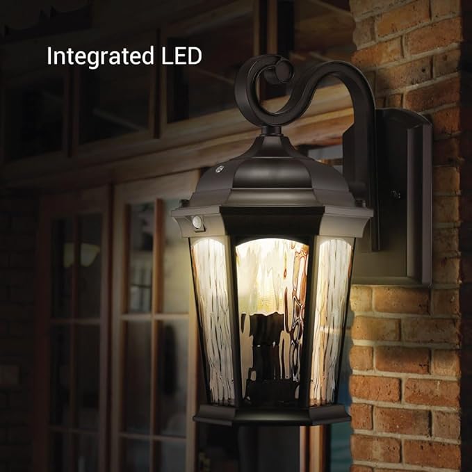 Euri Lighting EFL-130W-MD Flickering Flame Porch Light Water Glass with Integrated Security Light (3000K) Motion-Sensor Dusk-to-Dawn Oil Rubbed Bronze Housing