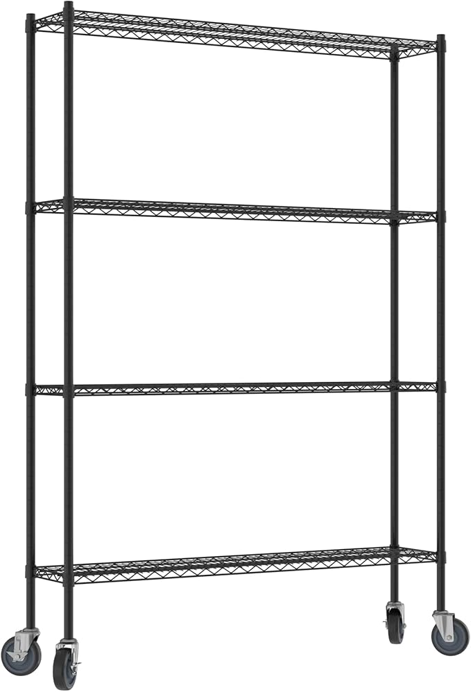 Commercial NSF Listed Black Epoxy Mobile Wire Shelving Kit 12 x 54 x 80 with 4 Shelves Perfect for Warehouse Walk-in Refrigerator Freezer Grocery Store Restaurant Dishroom