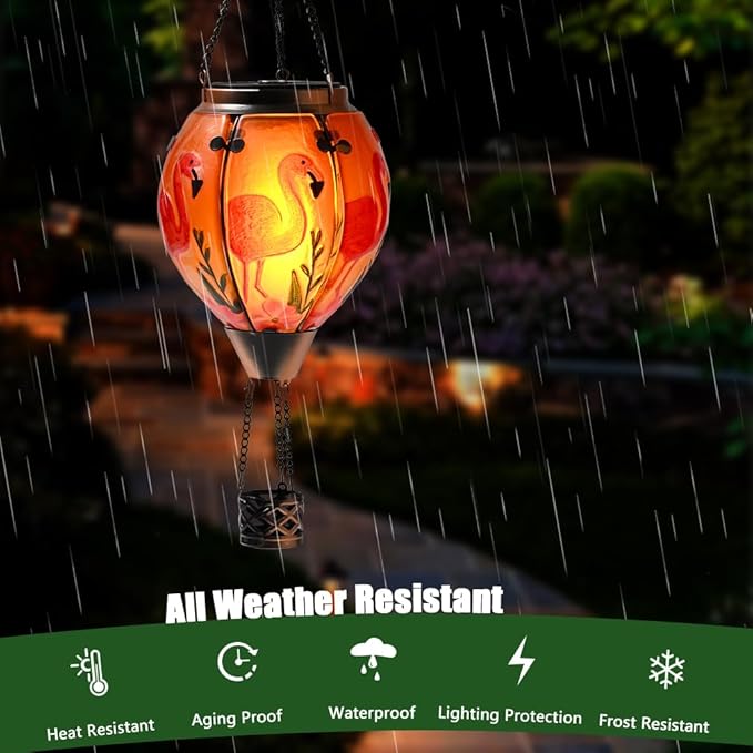 Hot Air Balloon Solar Lantern - Flamingo Stained Glass Lantern Simulated Flickering &amp Dancing Flame Outdoor Hanging Yard Light Waterproof IP65 for Patio Lawn Porch Decor Gift
