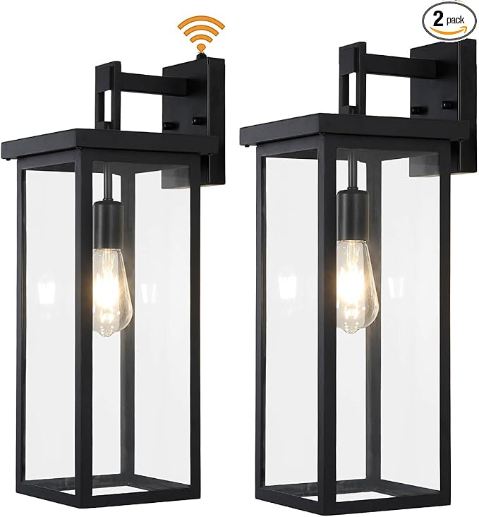 tewei 2 Pack Dusk to Dawn Large Outdoor Wall Lantern 20 Inch Black Exterior Wall Light Fixtures Large Porch Light with Clear Shade Sensor Modern Outdoor Sconce Lights for House Garage E26 Base