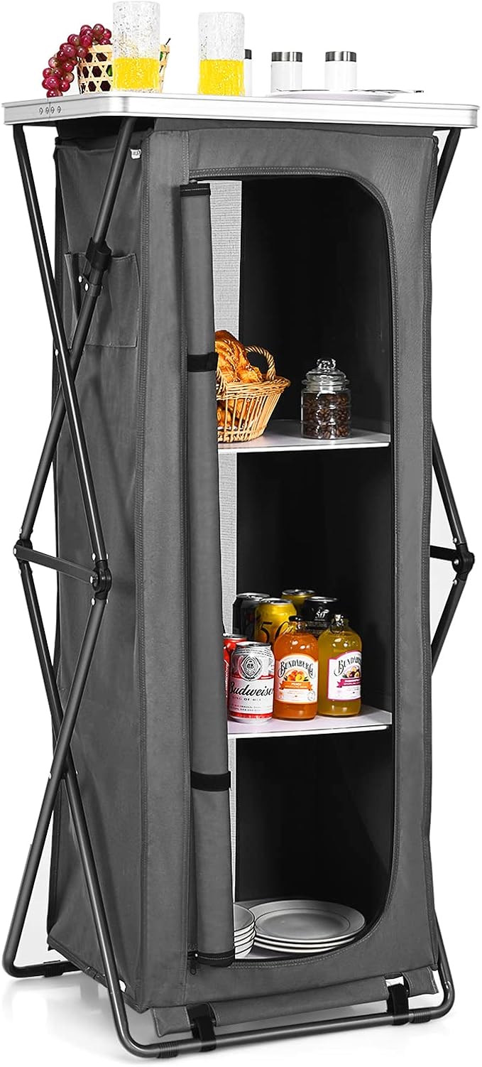 Goplus Folding Camping Storage Cabinet Pop Up Outdoor Camping Kitchen Station with Large 3-Tier Storage Organizer Carry Bag Easy Set Up Portable Compact Camping Table for BBQ Picnic Backyard (55'')