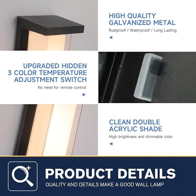 24W Outdoor Porch Light15%-100% Dimmable Outdoor Wall Lights3000K/4000K/6500K Adjustable Outdoor Modern Wall Sconce LightsWaterproof Exterior Wall Lighting2160LM Indoor Wall Sconce 4 Pack