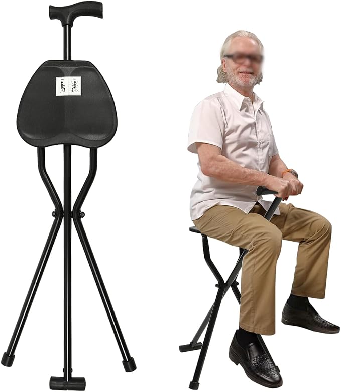 2-in-1 Walking Cane with Seat Cane Stool Crutch ChairPortable Folding Walking Stick Cane Chair Lightweight Sturdy Tripod Cane Stool for ElderlyMenWomenMax Load 249.12lbs