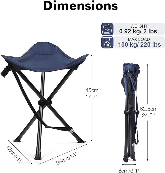 18 Folding Tripod Stool for Adults Heavy Duty Lightweight Portable Three Leg Tall Camping Stool Collapsible Backpacking Tripod Seat Chair for Fishing Hunting Support 225 lbs Blue