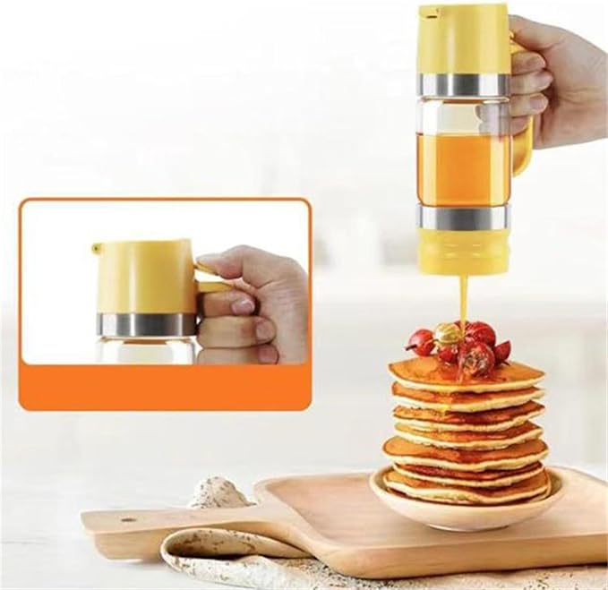 Honey Dispenser No Drip Glass Honey Dispenser No Drip with Stand Press Type Drip Dispensers for Honeys Refillable Glass Honey Jar with Handle For Honeys Coffee Syrup (Yellow)