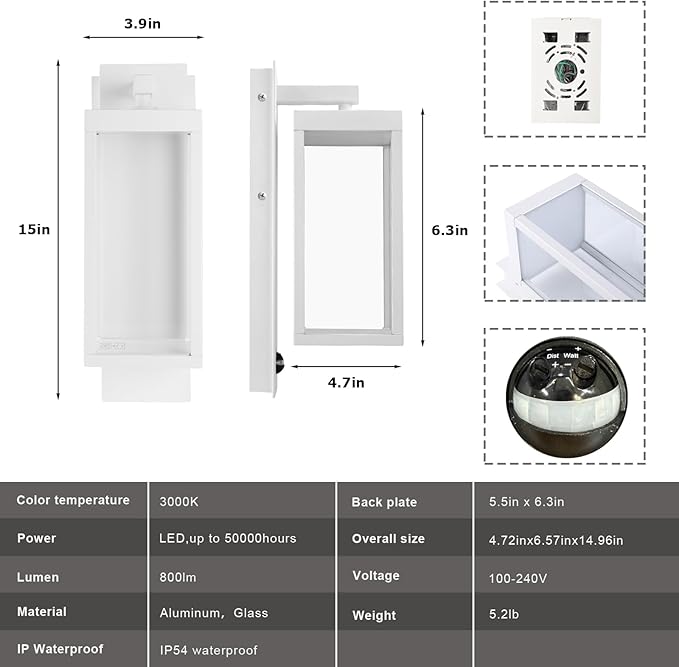 Outdoor Wall Light with Motion Sensor 15inch White Waterproof LED Coach Light for Porch Front Door Garage Patio Garden – Durable Tempered Glass Exterior Lighting Fixture Security Light for House
