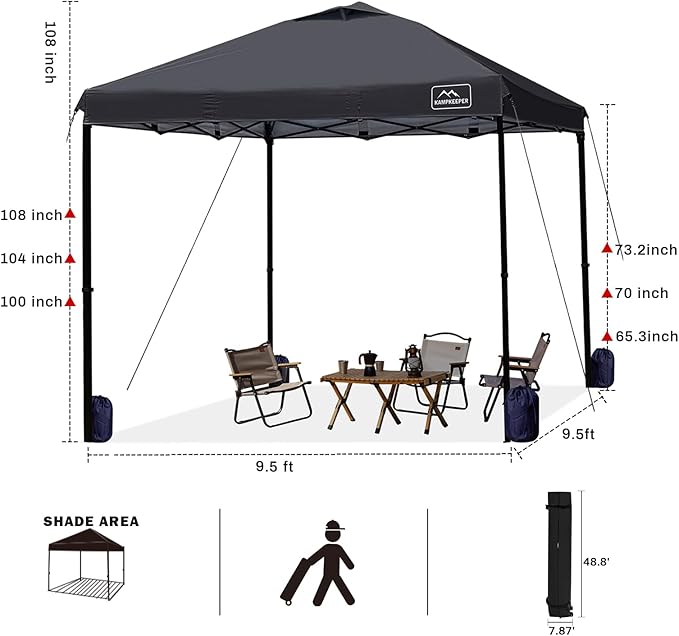 KAMPKEEPER 10x10 Pop Up Commercial Canopy Tent - Waterproof &amp Portable Outdoor Shade with Adjustable Legs Air Vent Carry Bag &amp Sandbags(Black)