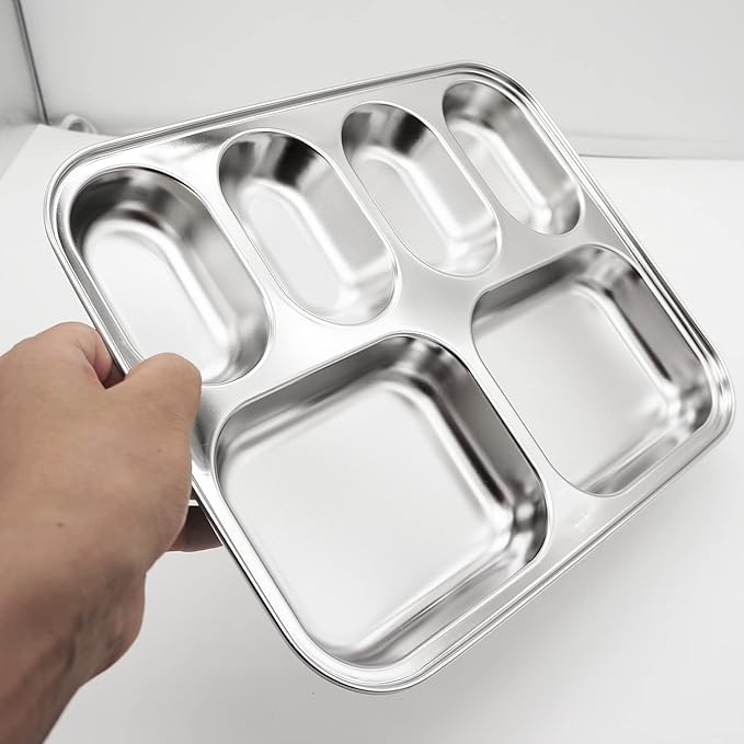 Korean Stainless Steel Divided Plates for Kids Adults Students Premium 304 Electro-Polished No Black Residue BPA-Free 6-Compartment Food Tray Picky Eaters Diet Portion Control Set of 2
