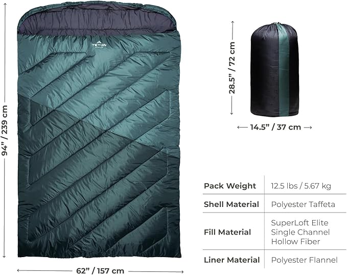 Teton Mammoth Queen Size Double Sleeping Bag- A Warm Bag The Whole Family can Enjoy – Great for Camping Hunting and Base Camp. Compression Sack Included