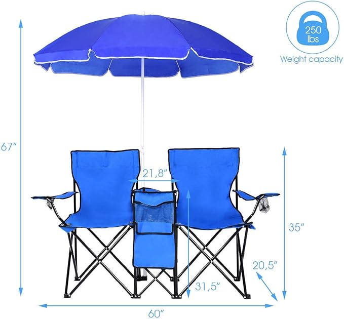 Goujxcy Portable Double Folding Picnic Chairs Beach Camping Chair W/Umbrella Mini Table Beverage Holder Carrying Bag for Beach Patio Pool Park Outdoor