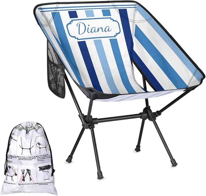 Custom Portable Camping Chair for Adults Women Men Personalized Name Lightweight Folding Backpacking Hiking Chair Blue Stripes