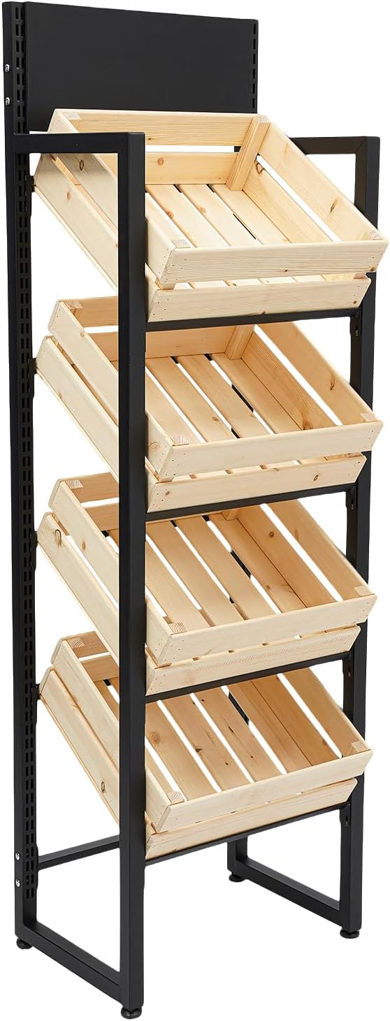 Market Retail Display Rack 4-Tier Fruit Vegetable Storage Rack Solid Wood Baskets &amp Iron Frame 44.09LBS per Tier Load Space-Saving Free Standing Shelf for Supermarket Home Fruit Store