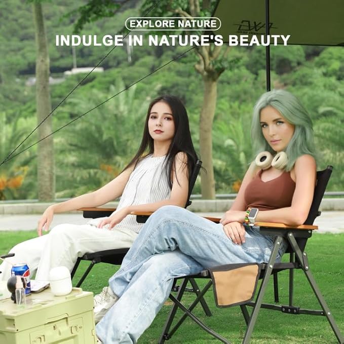Folding Camping Chair Lightweight Portable Chair Wood Armrest with Side Pockets Cup Holder for Camping Picnic Concert Beach Fishing Outdoor