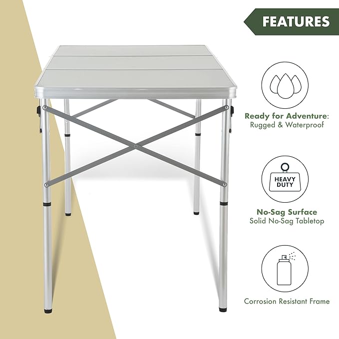 ARROWHEAD OUTDOOR 4’ ft Heavy-Duty Portable Aluminum Frame Folding Table w/Leveling Feet Solid Tabletop Surface 2 Adjustable Heights Carrying Case Included Lightweight USA-Based Support