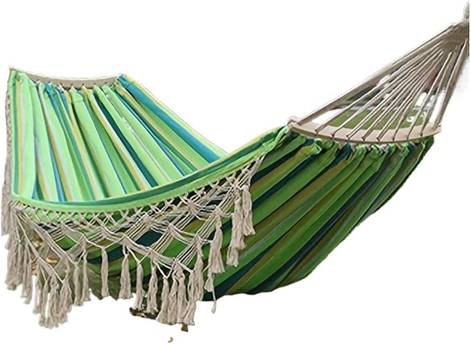 Bohemian Double Hammock for 2 Person Red White Striped Pattern with Tassels Heavy Duty Rope Outdoor with Carry Bag(Green)