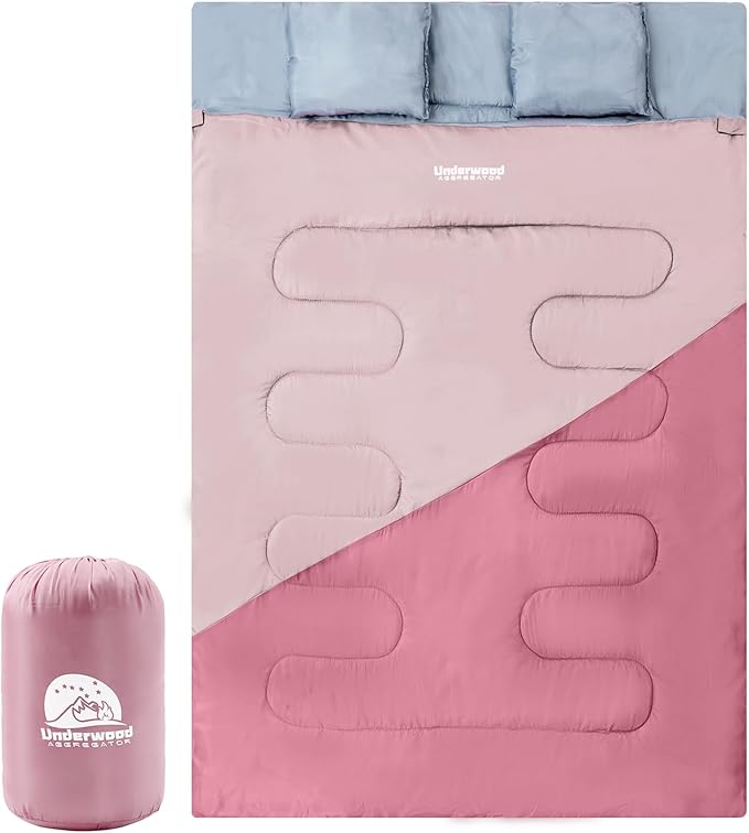 Double Sleeping Bag for Adults Kids - Lightweight 2 Person Sleeping Bag with Pillow Queen Size Waterproof Camping Sack Two Person for Girls Boys Youths Teens Compact for Cold Weather &amp Warm