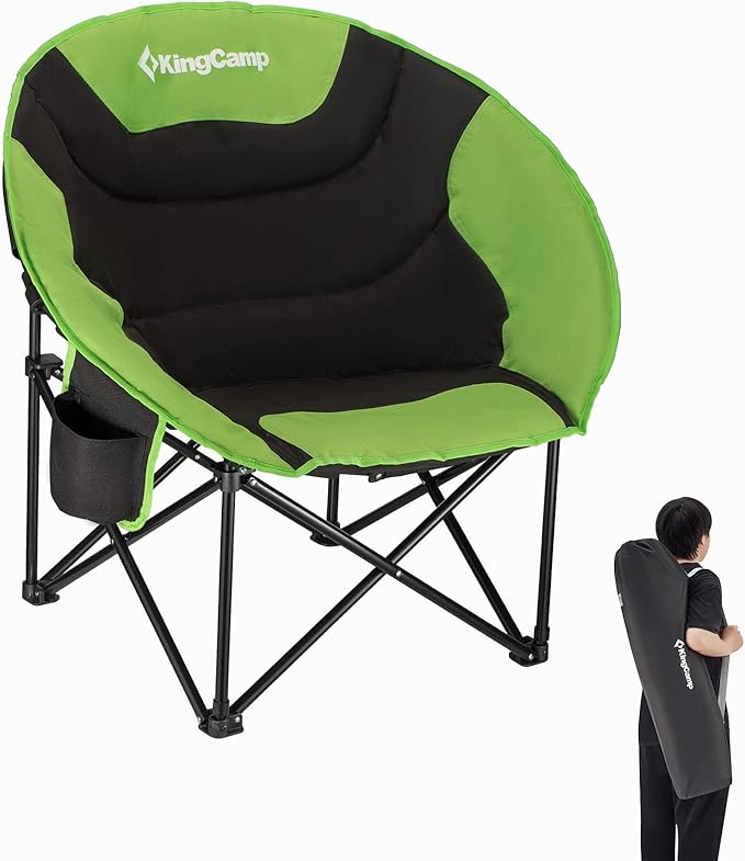 KingCamp Foldable Saucer Moon Lounge Chair with Cupholder Storage Pocket for Indoor Home or Outdoor Camping and Tailgating Use Black/Green