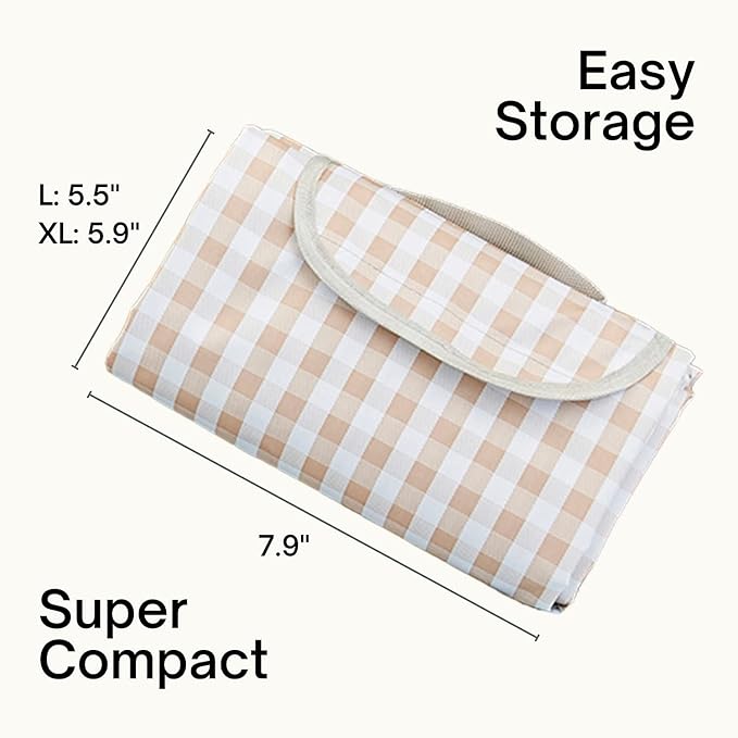 Cute Gingham Picnic Blanket Waterproof Foldable in Large 80x60in and Extra Large 80x80in Portable Compact Beach Blanket Oversized XL Outdoor Mat (Tan X-Large)