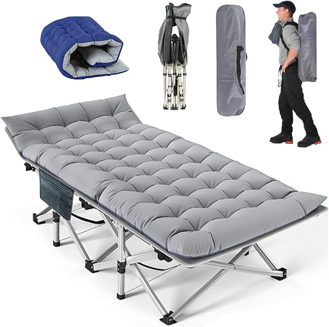 Heavy Duty Camping Cot for Adults with Mattress 10-Leg Portable Folding Cot Bed Extra Stable Sleeping Cot for Camping Travel Tent &amp Indoor Guest Use 500 lbs Capacity (C-Gray&ampbiue)