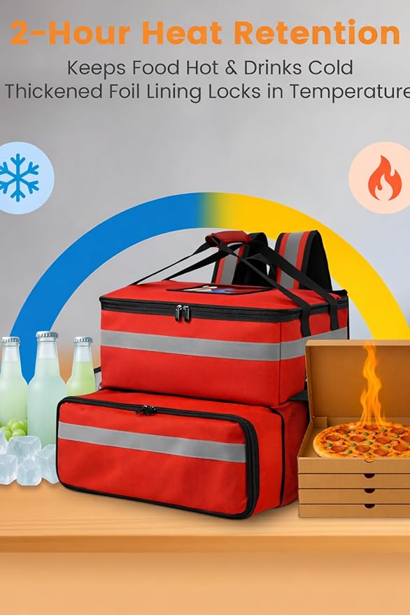 Bodaon Food Delivery Backpack with 2 Base Plates Dual-Layer Insulated Compartments Waterproof Lining Reflective Strip - Pizza Delivery Bag for Bike Couriers Grocery Takeout Food Transport