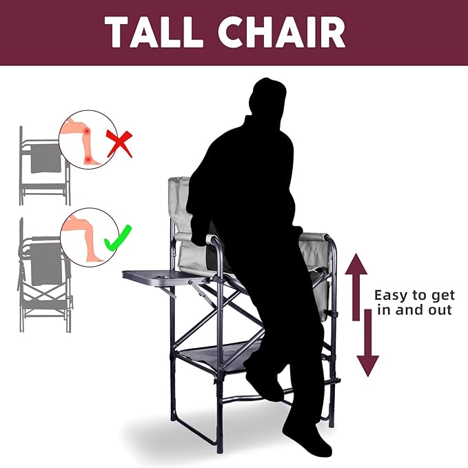 30 Tall Directors Chair with Side Table 400LBS Bar Height Folding Camping Chair for Makeup Artists Outdoor Events Portable Foldable Chair with Cup Holder &amp footrest - Gray/Black