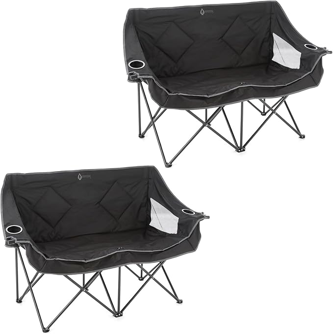 ARROWHEAD OUTDOOR 2-Pack Portable Folding Camp Loveseat Chair w/Glass &amp Cup Holders Heavy Duty Carry Bag 650 lbs Weight Capacity