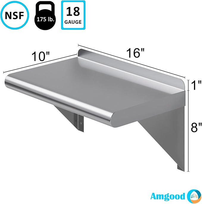 AmGood 10 in. x 16 in. Stainless Steel Wall Shelf | NSF Certified | Appliance &amp Equipment Metal Shelving | Kitchen Restaurant Garage Laundry Utility Room