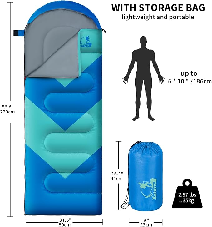 Sleeping Bag for Adults Girls Boys - 3 Season Warm &amp Cool Weather Lightweight Waterproof Camping Bag for Hiking Outdoor Travel