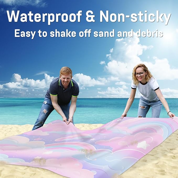 Waterproof Sandproof Beach Blanket 59''×68'' Starry Night Polyester Outdoor Picnic Blanket with 4 Stakes &amp Storage Bag for BeachCampingVacation Pale Pink