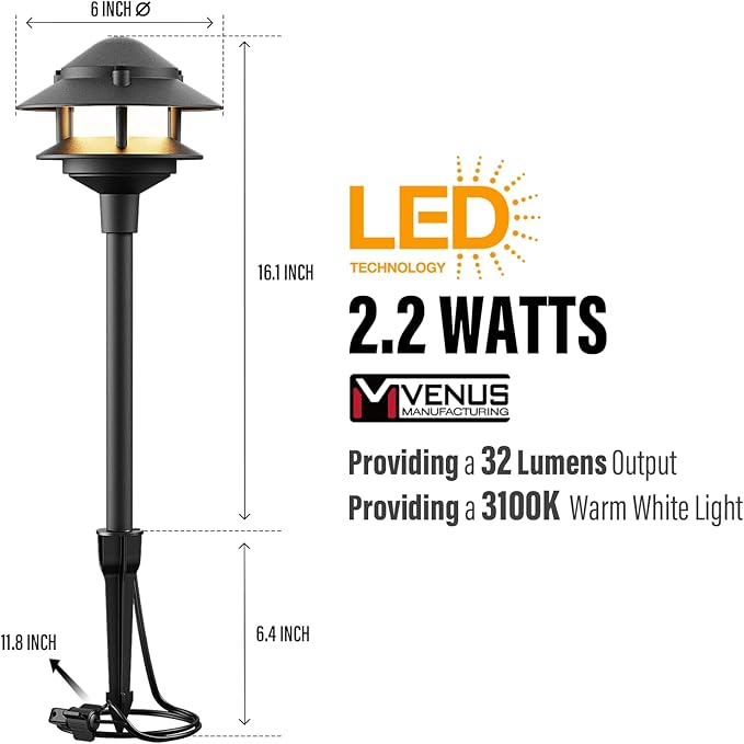 VENUS MANUFACTURING Low Voltage Landscape Lights LED Outdoor Pathway Light 12V AC 2.2W 32Lumen Warm White Landscape Lighting for Garden Path Driveway Yard 8Pack