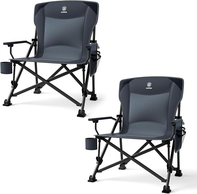 EVER ADVANCED Oversized Folding Camping Chair for Adults Heavy Duty Lawn Chair with Side Pockets Portable Collapsible Quad Chair for Outside Support Up to 500lbs Grey 2PACK