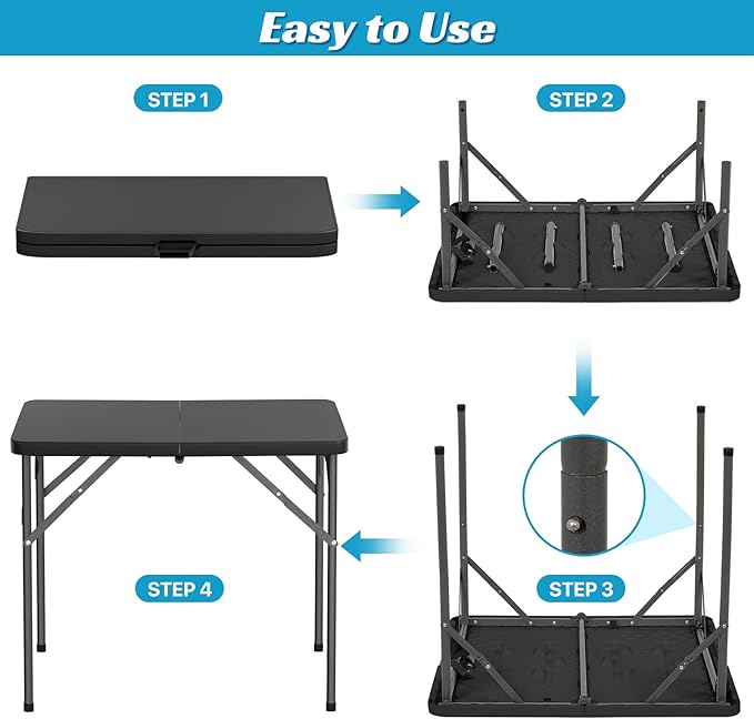 34 Square Folding Plastic Table - Portable Fold-in-Half Utility Dining Party Table with Carrying Handle No Assembly Required for Indoor/Outdoor Wedding Picnic Camping Black