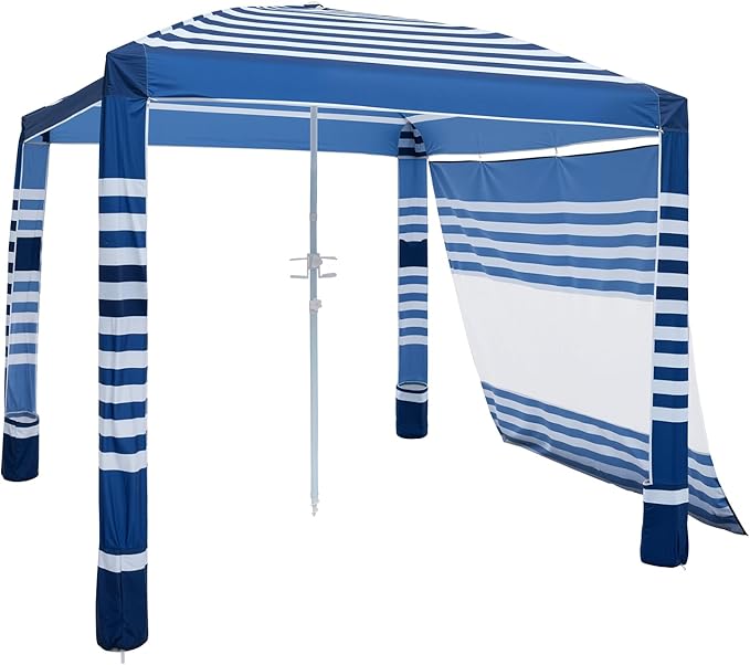 VEVOR Beach Cabana 8 x 8 ft Beach Canopy with Side Wall UPF 50+ Protection Easy Setup Cabana Tent with Sand Pockets Adjustable Height Portable Shade Sun Shelter Umbrella for Family Navy Stripes