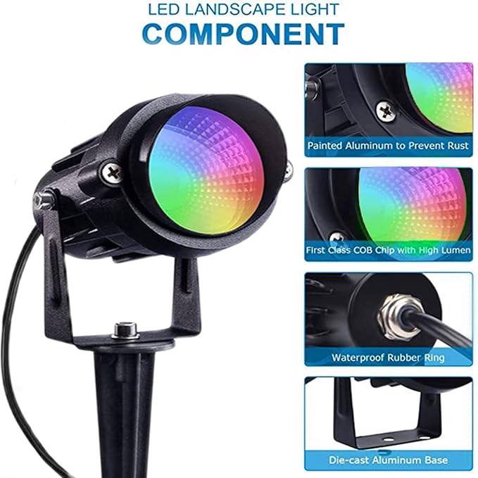Color Changing Spotlight with Timer 12W RGB Color Changing Spot Lights LED IP65 Landscape Waterproof Outdoor Lights Metal Case Spiked Stand for Garden Houses Trees Decorative(2 Pack)