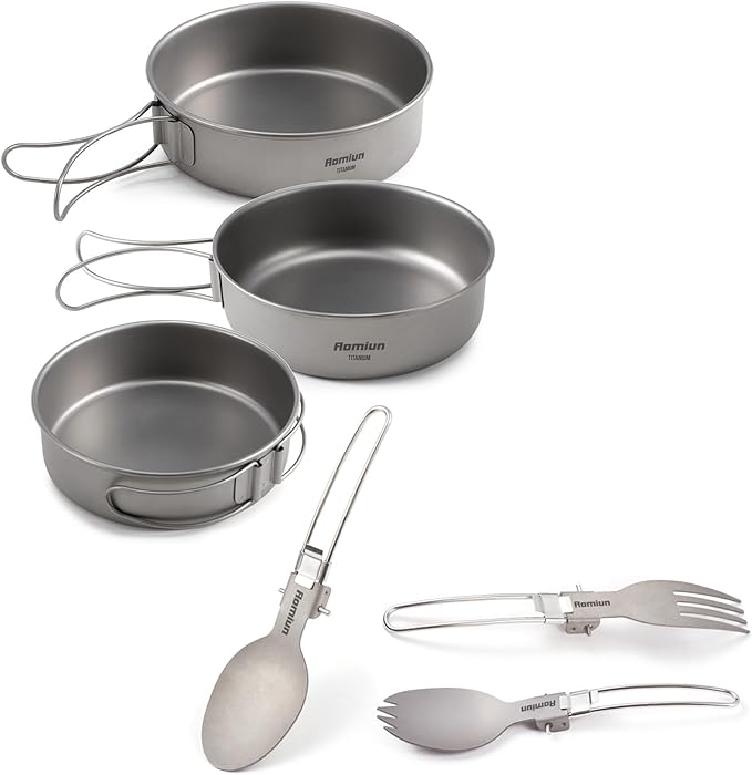 Titanium Camping Bowls and Utensils Set Lightweight Portable Titanium Plates with Folding Handle &amp Forks Spoons Travel Cutlery Dinnerware for Outdoor Camping Backpacking Hiking Picnic