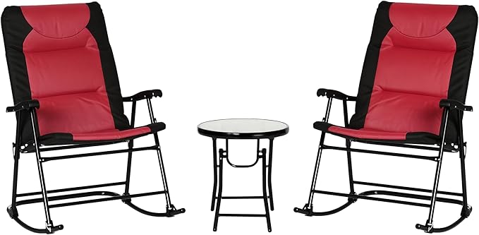 Outsunny 3 Piece Outdoor Patio Furniture Set with Glass Coffee Table &amp 2 Folding Padded Rocking Chairs Bistro Style for Porch Camping Balcony Red