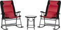 Outsunny 3 Piece Outdoor Patio Furniture Set with Glass Coffee Table &amp 2 Folding Padded Rocking Chairs Bistro Style for Porch Camping Balcony Red