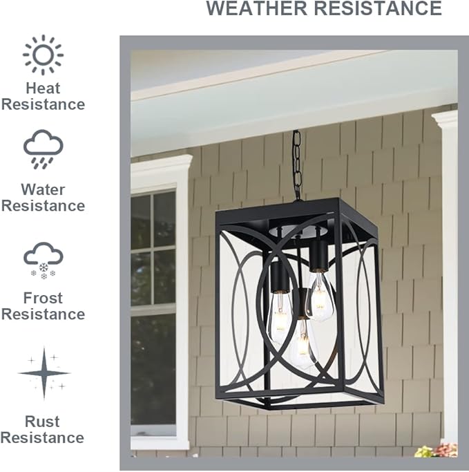 Outdoor Pendant Light Fixture 3-Light Black Large Exterior Hanging Lantern with Clear Glass Metal Outdoor Chandelier Porch Lighting for Front Porch Entrance