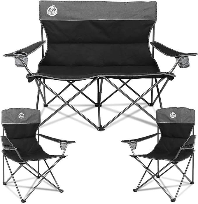 Northroad Outdoor Camping Chair Set of 3Folding Padded Camp Chair w/1 Sofa2 Single ChairsCollapsible Conversation Set for Family Patio Beach (Black)