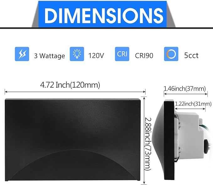 Energetic 120V LED Stair Lights - 2200K/2700K/3000K/4000K/5000K Outdoor Step Lights 3W Dimmable Stairway Lights Indoor CRI90 ETL Listed Wet Location Aluminum 5CCT Black Pack of 6