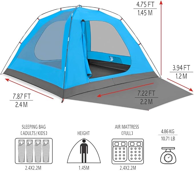 KAZOO 2／4 Person Camping Tent Outdoor Waterproof Family Large Tents 2/4 People Easy Setup Tent with Porch Double Layer | Outdoor Waterproof Family Large Tents Easy Setup