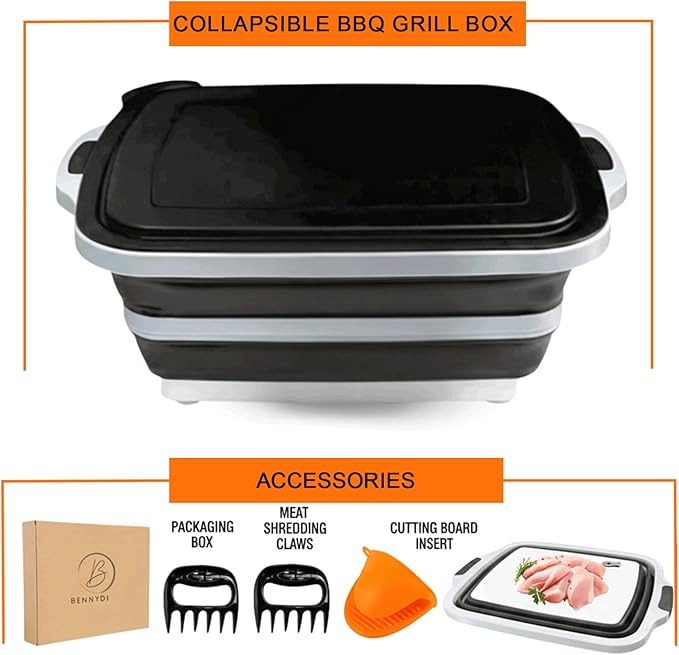 BBQ Prep Tub | Meat Prep Tub with Locking Lid 2 Meat Shredder Claws &amp BBQ Mitts Collapsible with Cutting Board Drain Plug Portable for Camping &amp Grill Design PicnicMarinating MeatVersatile