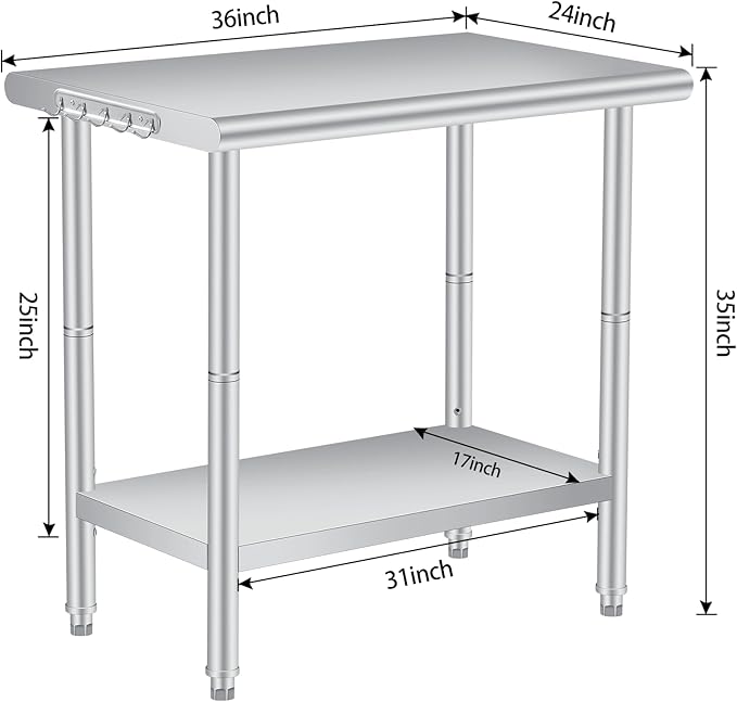 36 x 24 Inch Stainless Steel Prep Table Commercial Worktables &amp Workstations with Adjustable Undershelf Heavy Duty Kitchen Island for Restaurant Kitchen Laundry