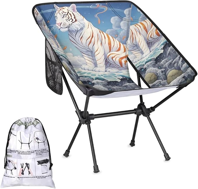 Portable Camping Chair Ocean Waves Tiger Ultralight Folding Camping Chair Backpacking Hiking Chair with Cup Holder for Outdoor Travel Beach Picnic Festival Compact Portable 176 lbs Capacity