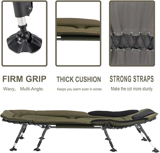XXL Camping Cots for Adults 330Lbs with Carry Bag Heavy Duty Folding Bed with Soft Padded Cushion Portable Military Cot for Hunting 180° Adjustable Reclining Outdoor Lounger