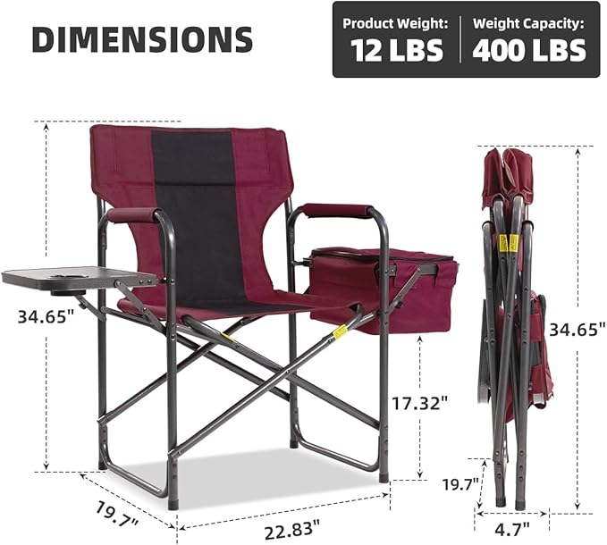 Director Camping Chair with Cooler Bag &amp Foldable Side Tray - 400lbs Heavy Duty Outdoor Folding Lawn Chair Portable Camp Chair for Backyard Fishing Beach (Red)