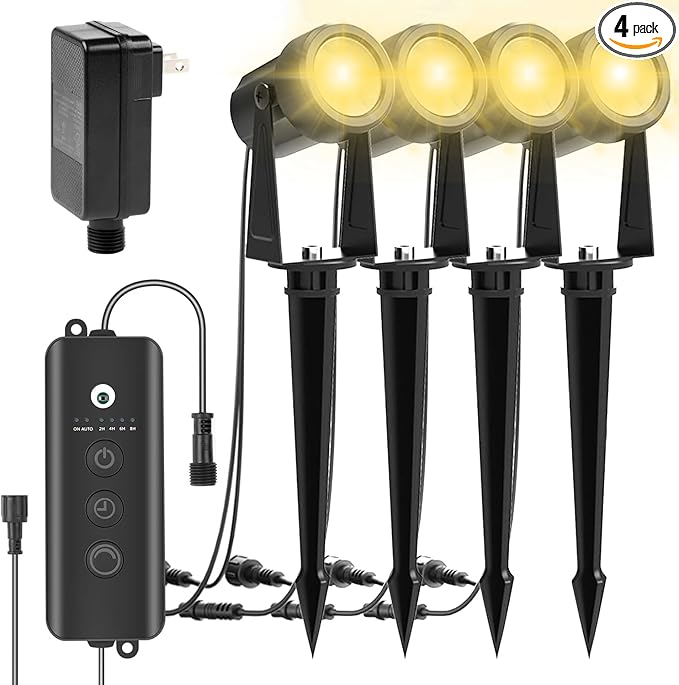 ZYAN Landscape Spotlights with Sensor 5 Lighting Modes for Brightness Adjustment Dimmable Timer Auto On Off Low Voltage Outdoor IP65 Waterproof for Patio Yard Garden Pathway Warm White (4 Pack)