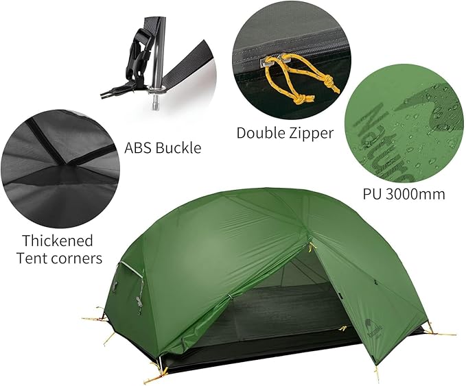 Naturehike Camping Tent 2/3 Person Double Layer Instant Easy Setup Waterproof PU2000mm 54 MPH Wind Resistance UPF 50+ Outdoor Tent for Camping Festivals Backyard Sleepovers